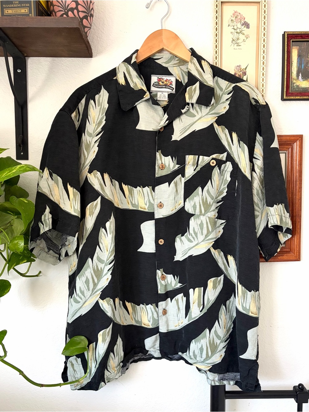 Paradise Coves Silk Linen Black Hawaiian Palm Short-Sleeve Shirt Wood Buttons XL